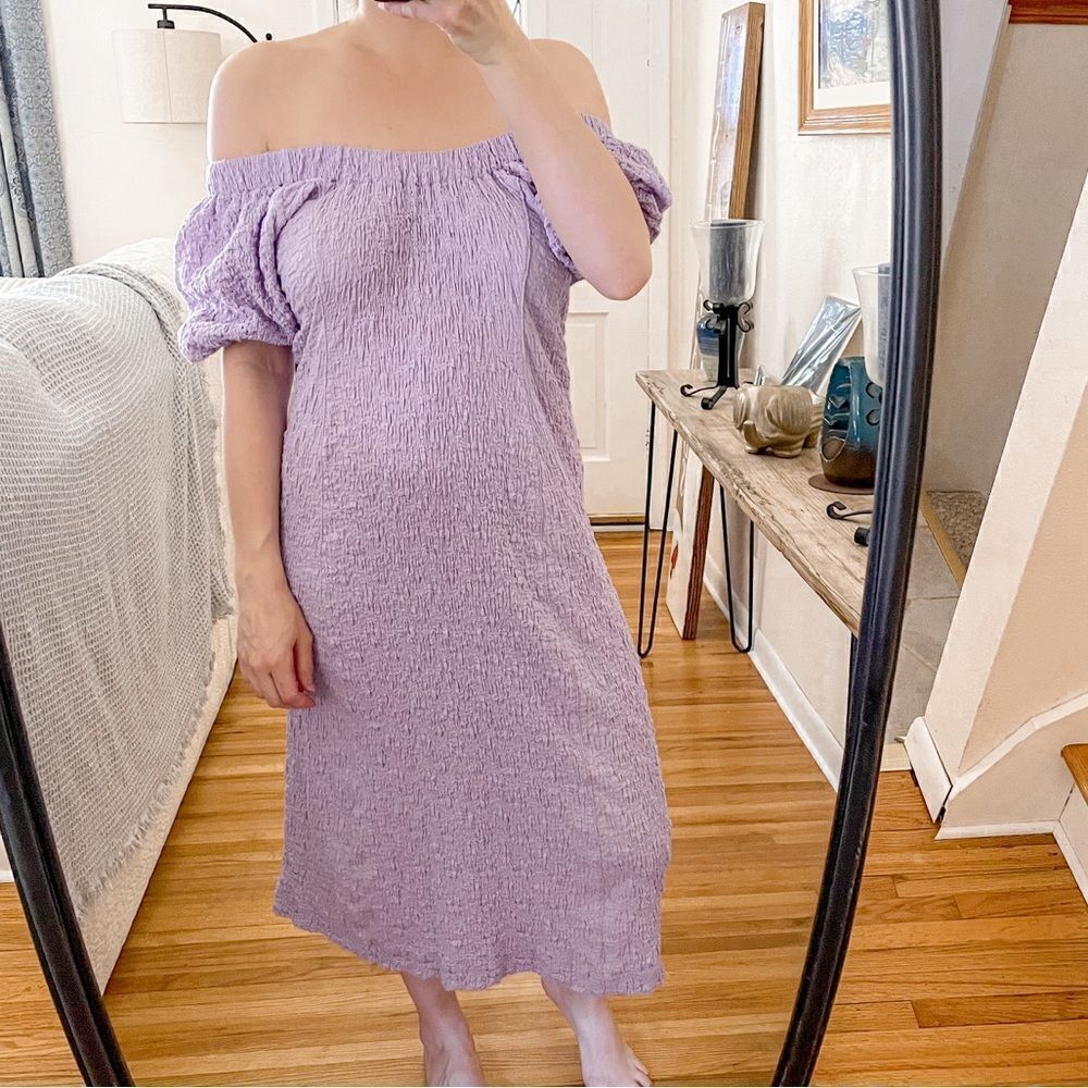 Stine Goya Garance Off The Shoulder Midi Dress in Lilac